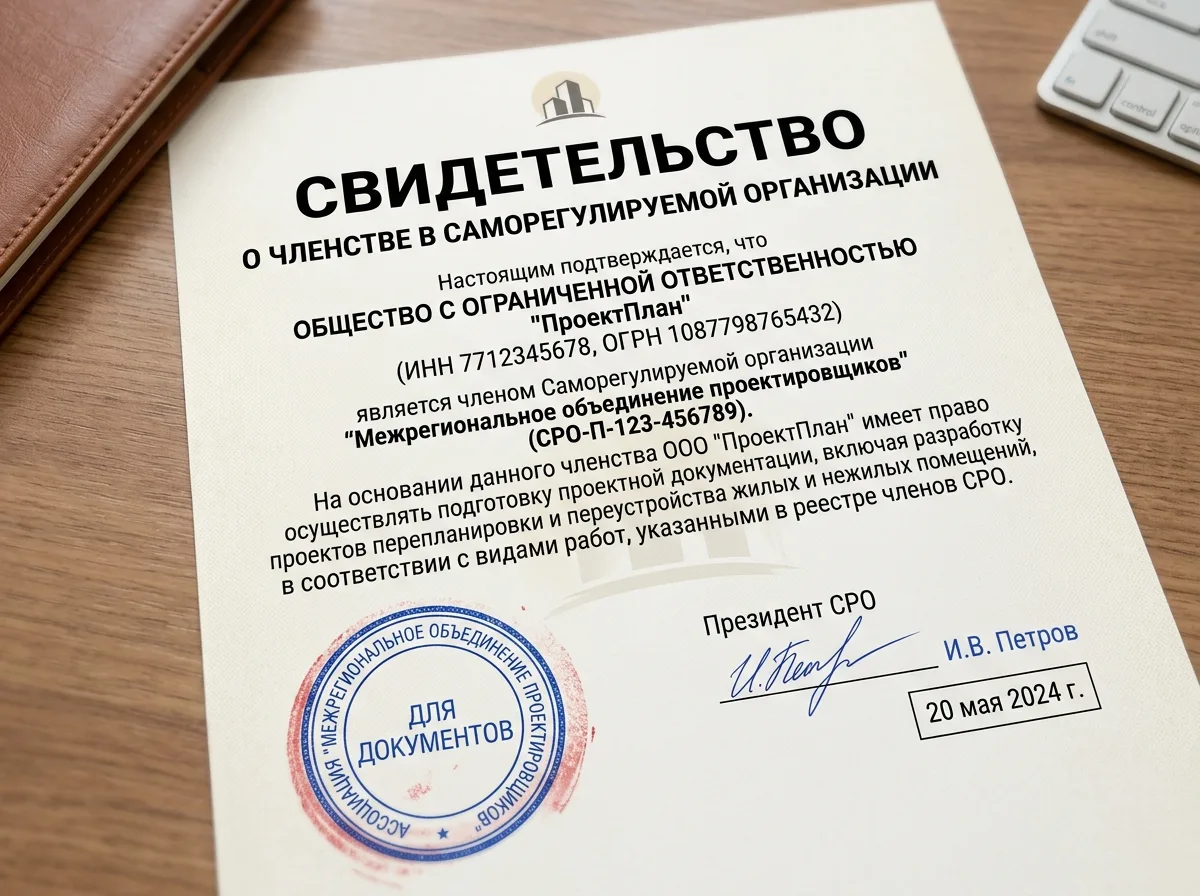 Свидетельство о членстве в СРО проектировщиков: официальный документ с печатью и подписью, подтверждающий допуск ООО ПроектПлан к разработке проектов перепланировки