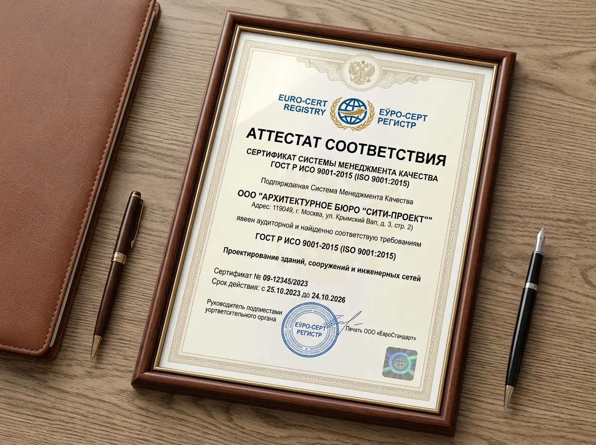 Аттестат соответствия ISO 9001:2015: сертификат системы менеджмента качества для проектного бюро, официальный документ с логотипом органа по сертификации