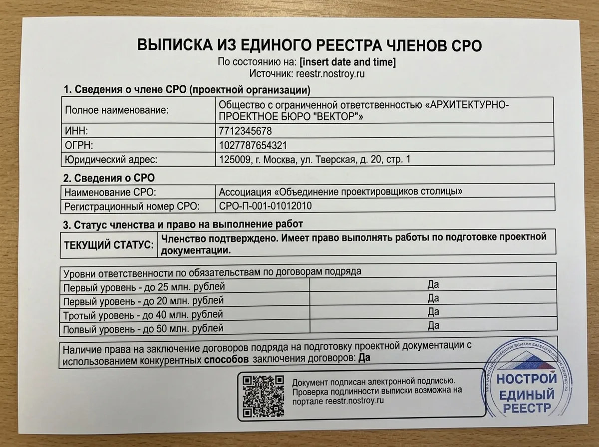 Выписка из реестра членов СРО: официальная распечатка с портала reestr.nostroy.ru, подтверждающая действующий статус проектного бюро в саморегулируемой организации