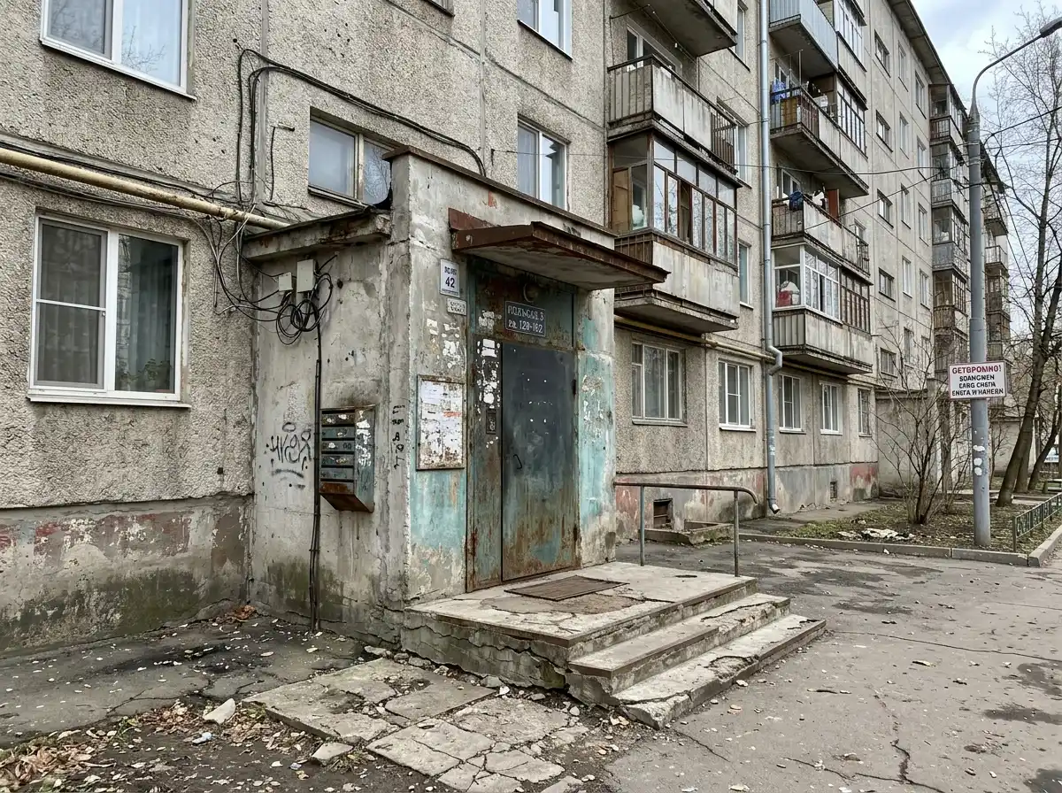 Устройство новой входной группы в жилом доме Москвы: вид на фасад здания до начала строительных работ, старый вход в подъезд без отделки