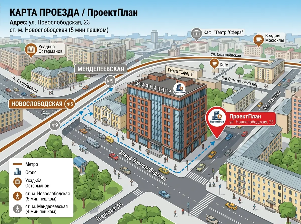 Карта проезда к офису ПроектПлан на улице Новослободской, дом 23 в Москве: схема метро, вид на здание офисного центра в центре Москвы